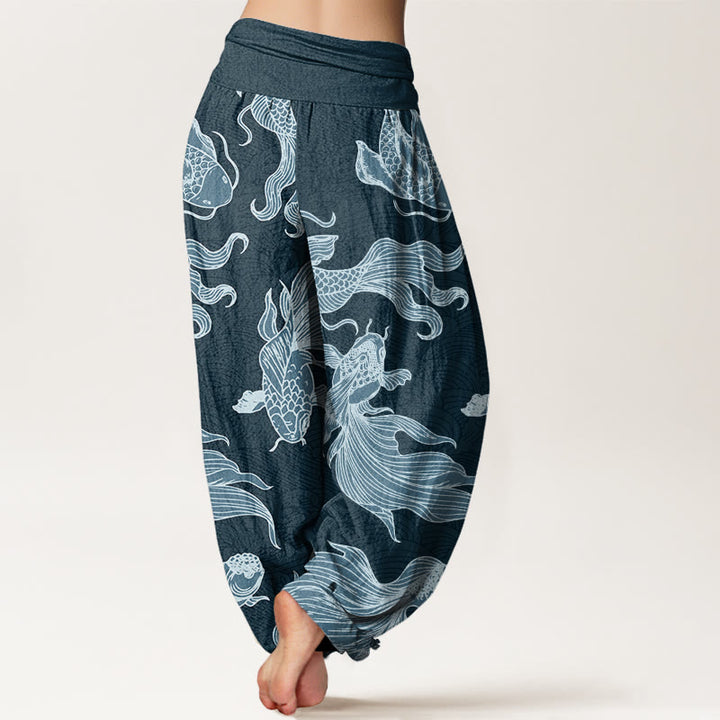 Pantaloni harem da donna con elastico in vita, motivo a onde e motivo a pesce koi e pietre Buddha Stones - image 2