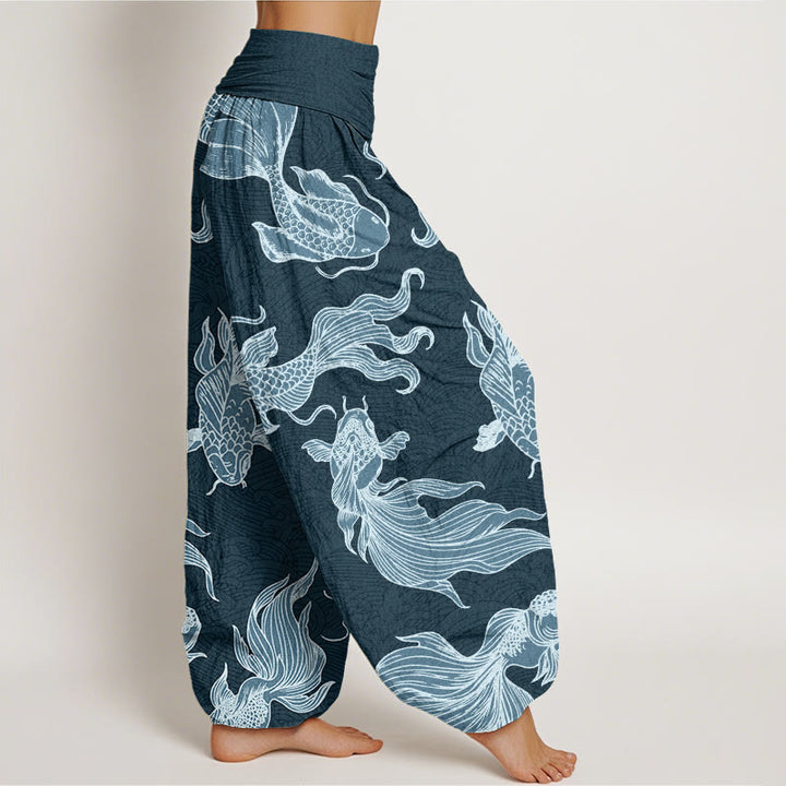 Pantaloni harem da donna con elastico in vita, motivo a onde e motivo a pesce koi e pietre Buddha Stones - image 3