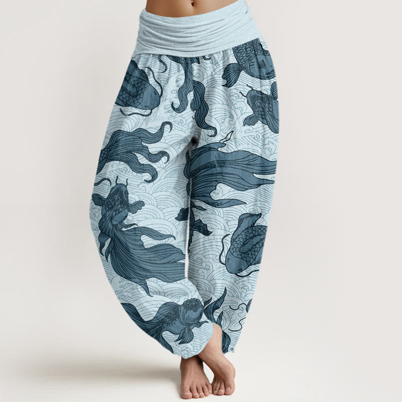 Pantaloni harem da donna con elastico in vita, motivo a onde e motivo a pesce koi e pietre Buddha Stones - Turchese pallido - US22, UK/AU26, EU54 (6XL) - image 5
