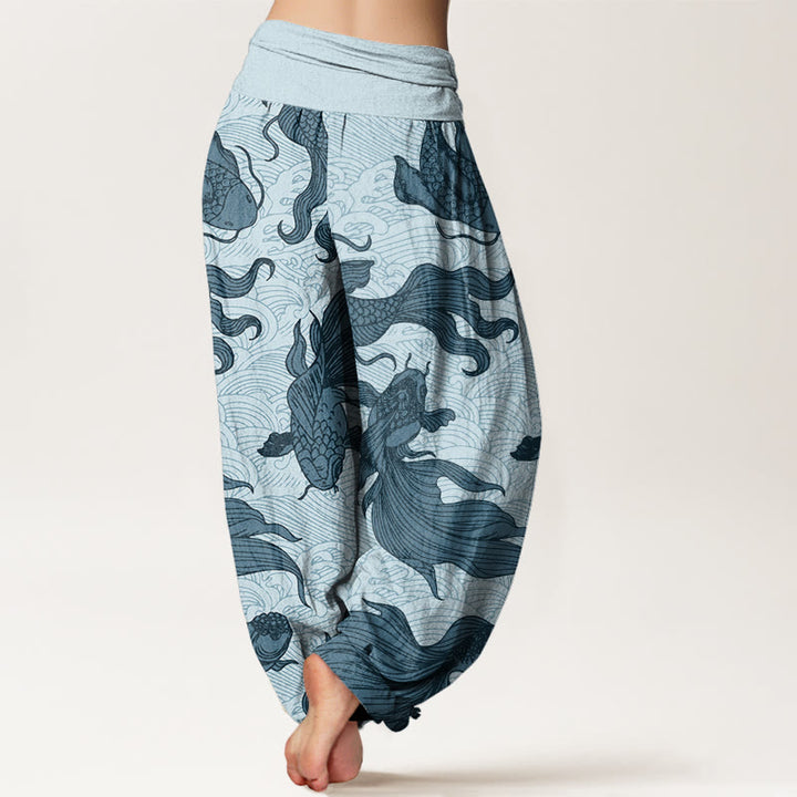 Pantaloni harem da donna con elastico in vita, motivo a onde e motivo a pesce koi e pietre Buddha Stones - image 6