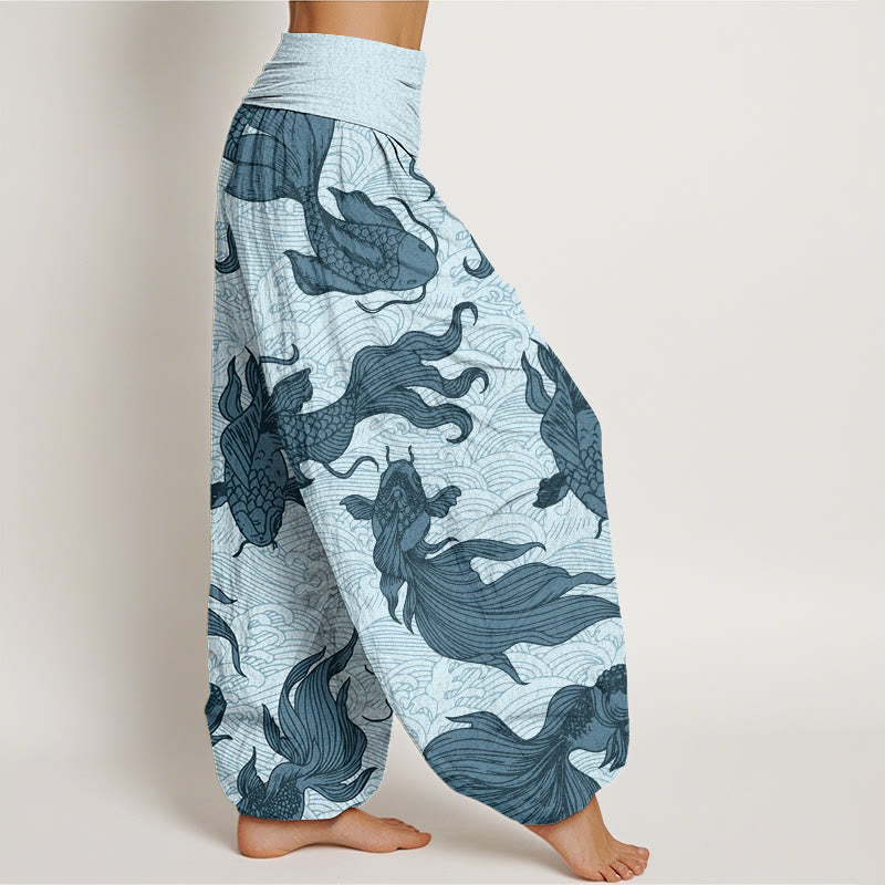 Pantaloni harem da donna con elastico in vita, motivo a onde e motivo a pesce koi e pietre Buddha Stones - image 7
