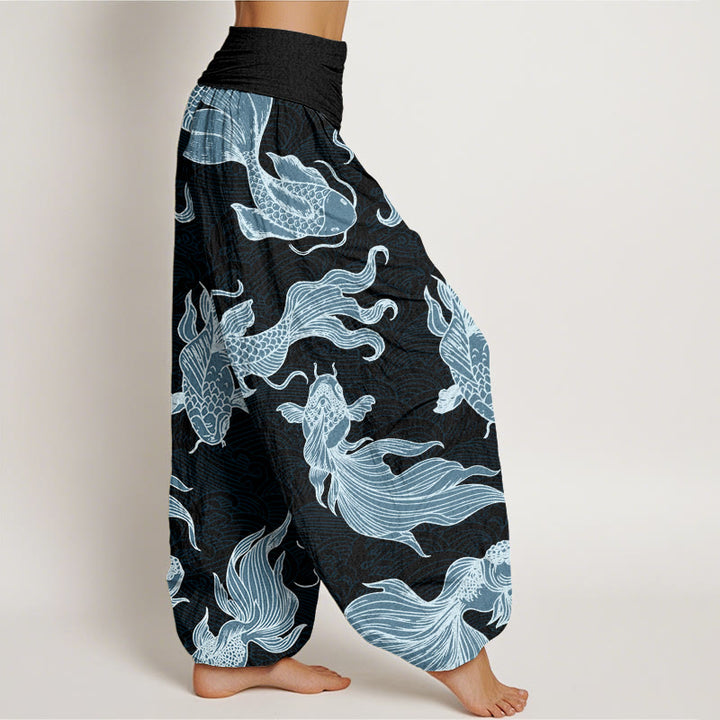 Pantaloni harem da donna con elastico in vita, motivo a onde e motivo a pesce koi e pietre Buddha Stones - image 10