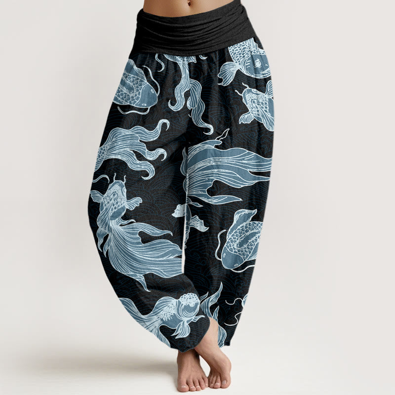 Pantaloni harem da donna con elastico in vita, motivo a onde e motivo a pesce koi e pietre Buddha Stones - Nero - US22, UK/AU26, EU54 (6XL) - image 8