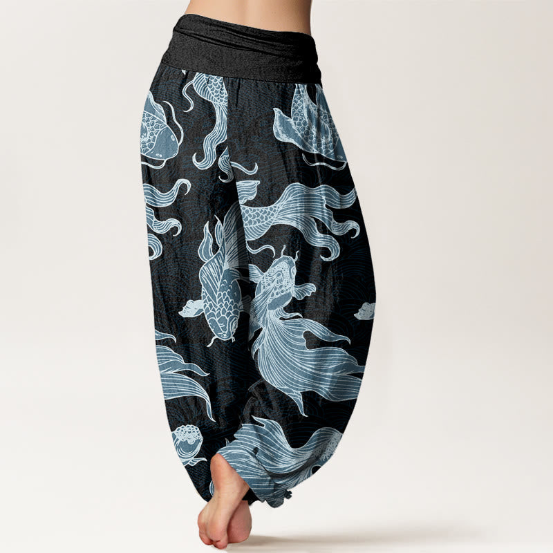 Pantaloni harem da donna con elastico in vita, motivo a onde e motivo a pesce koi e pietre Buddha Stones - image 9