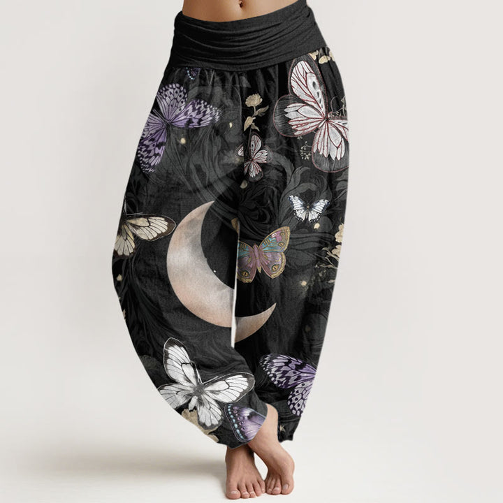 Pantaloni harem da donna con elastico in vita, in cotone, con motivo a farfalla, fiori e luna crescente, motivo Buddha Stones - Nero - US22, UK/AU26, EU54 (6XL) - image 0