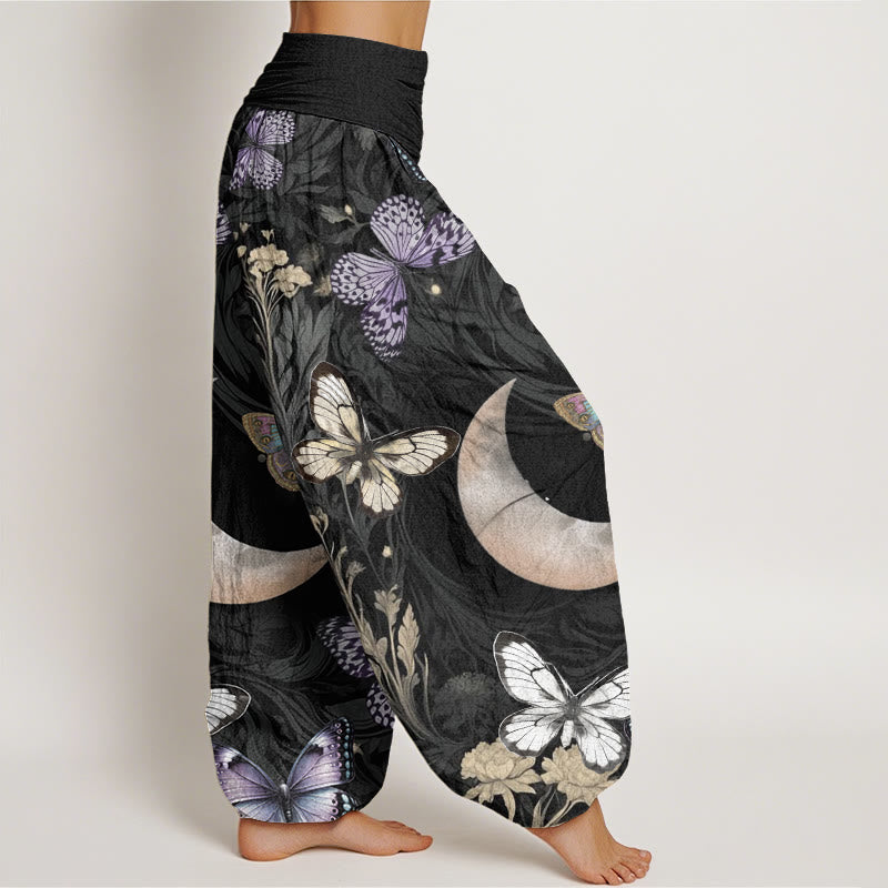 Pantaloni harem da donna con elastico in vita, motivo a mezzaluna, motivo a farfalla , Buddha Stones e fiori - image 3