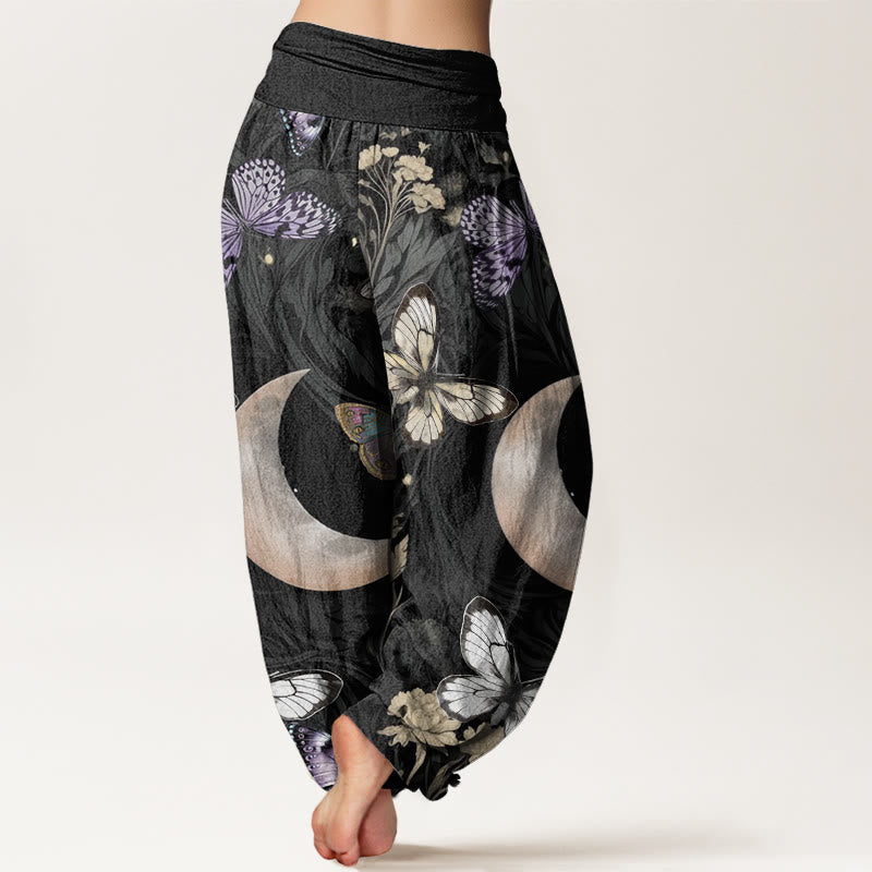Pantaloni harem da donna con elastico in vita, in cotone, con motivo a farfalla, fiori e luna crescente, motivo Buddha Stones - image 1