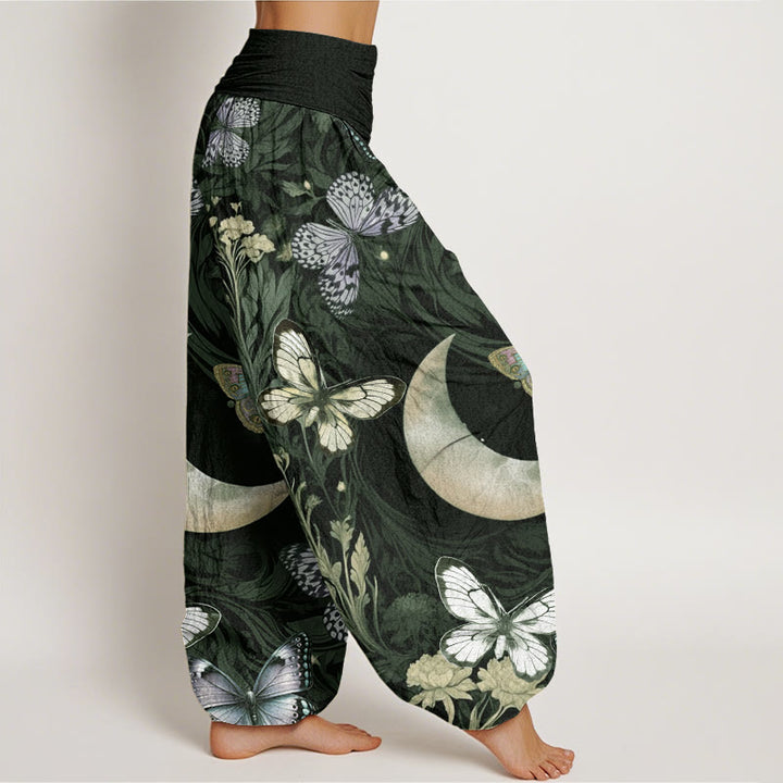Pantaloni harem da donna con elastico in vita, motivo a mezzaluna, motivo a farfalla , Buddha Stones e fiori - image 6