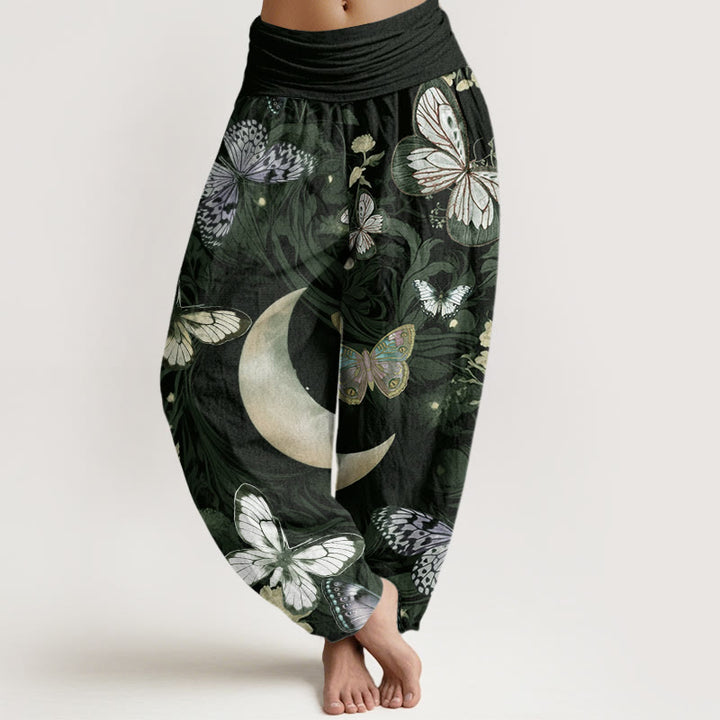 Pantaloni harem da donna con elastico in vita, in cotone, con motivo a farfalla, fiori e luna crescente, motivo Buddha Stones - Grigio ardesia scuro - US22, UK/AU26, EU54 (6XL) - image 4