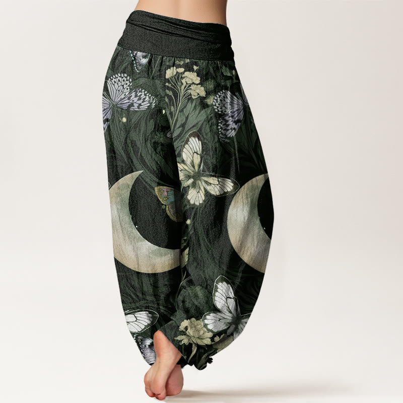 Pantaloni harem da donna con elastico in vita, in cotone, con motivo a farfalla, fiori e luna crescente, motivo Buddha Stones - image 5