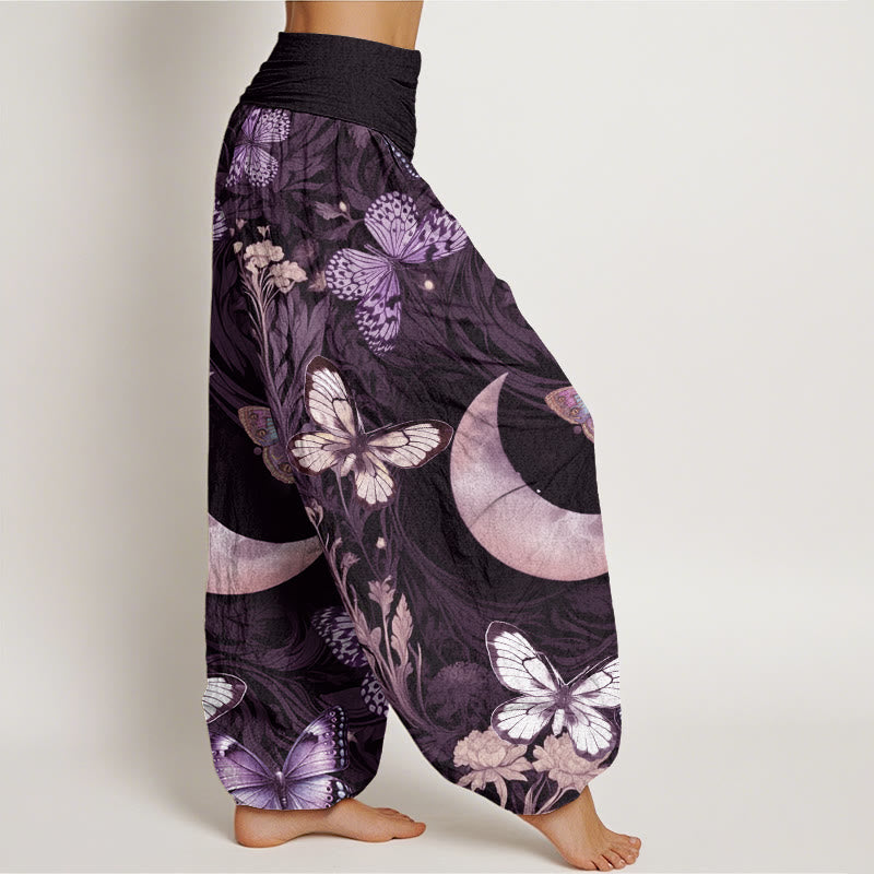 Pantaloni harem da donna con elastico in vita, motivo a mezzaluna, motivo a farfalla , Buddha Stones e fiori - image 9