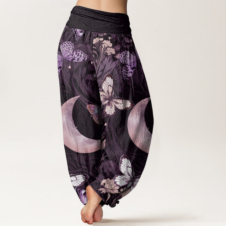 Pantaloni harem da donna con elastico in vita, motivo a mezzaluna, motivo a farfalla , Buddha Stones e fiori - image 9