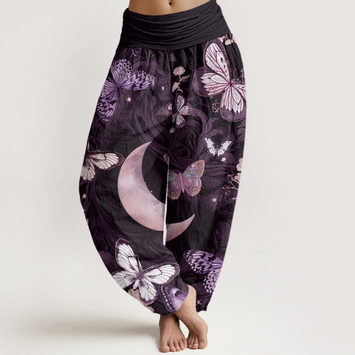Pantaloni harem da donna con elastico in vita, motivo a mezzaluna, motivo a farfalla , Buddha Stones e fiori - Prugna - US22, UK/AU26, EU54 (6XL) - image 8
