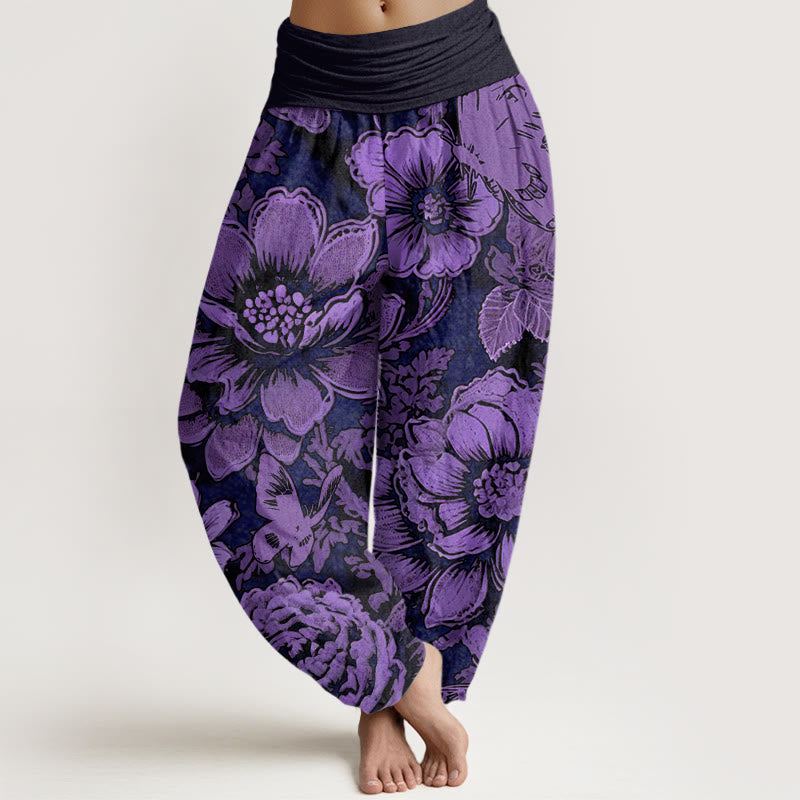Pantaloni harem da donna con elastico in vita, motivo a farfalla, motivo a fiori di peonia e pietre Buddha Stones - Viola - US22, UK/AU26, EU54 (6XL) - image 1