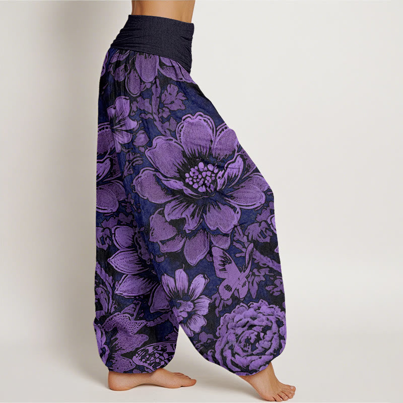 Pantaloni harem da donna con elastico in vita, motivo a farfalla, motivo a fiori di peonia e pietre Buddha Stones - image 3