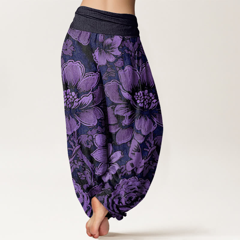 Pantaloni harem da donna con elastico in vita, in cotone, con motivo a farfalla e fiori di peonia, motivo Buddha Stones - image 1
