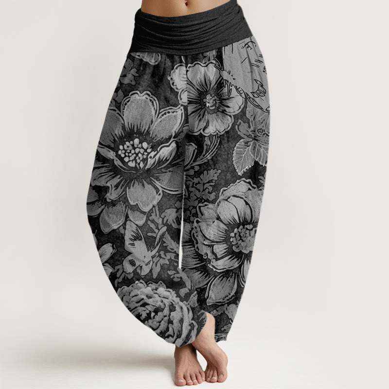 Pantaloni harem da donna con elastico in vita, motivo a farfalla, motivo a fiori di peonia e pietre Buddha Stones - Nero - US22, UK/AU26, EU54 (6XL) - image 4
