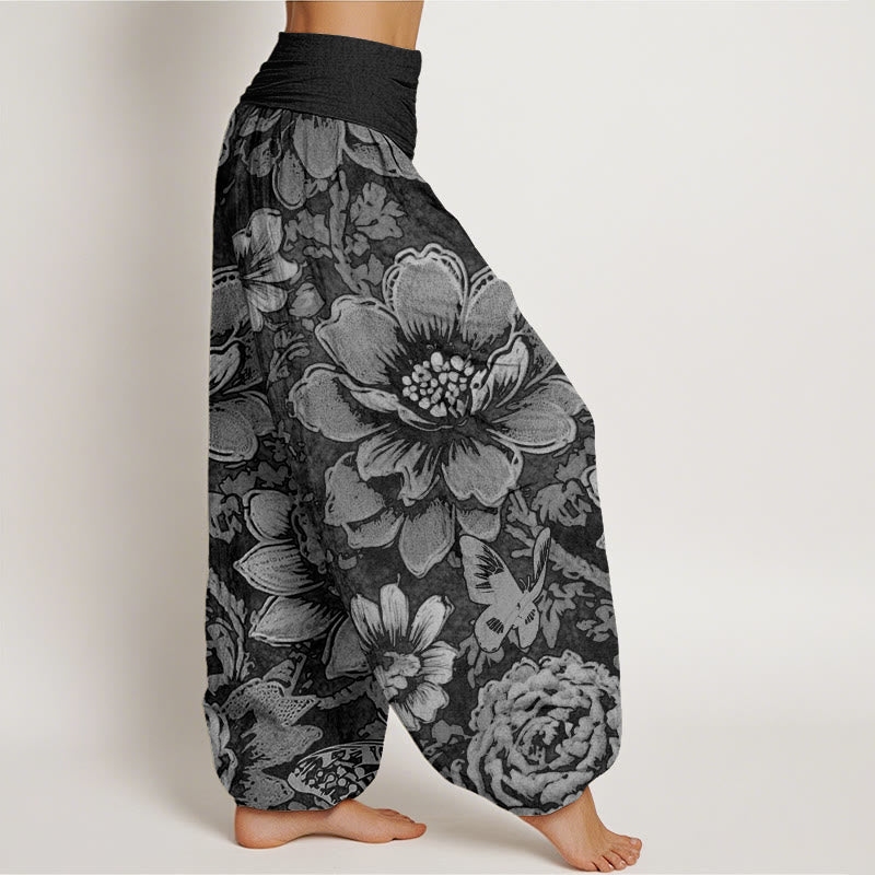 Pantaloni harem da donna con elastico in vita, in cotone, con motivo a farfalla e fiori di peonia, motivo Buddha Stones - image 6