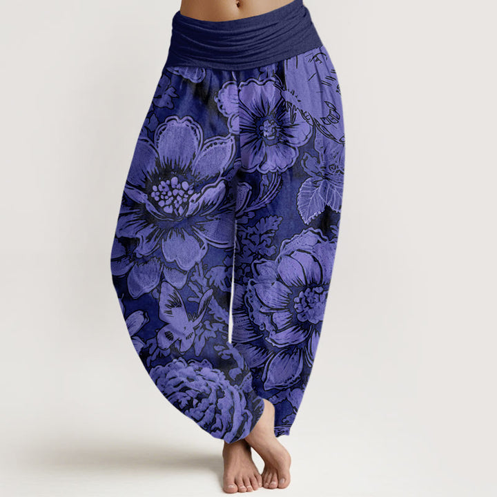 Pantaloni harem da donna con elastico in vita, motivo a farfalla, motivo a fiori di peonia e pietre Buddha Stones - Viola scuro - US22, UK/AU26, EU54 (6XL) - image 8