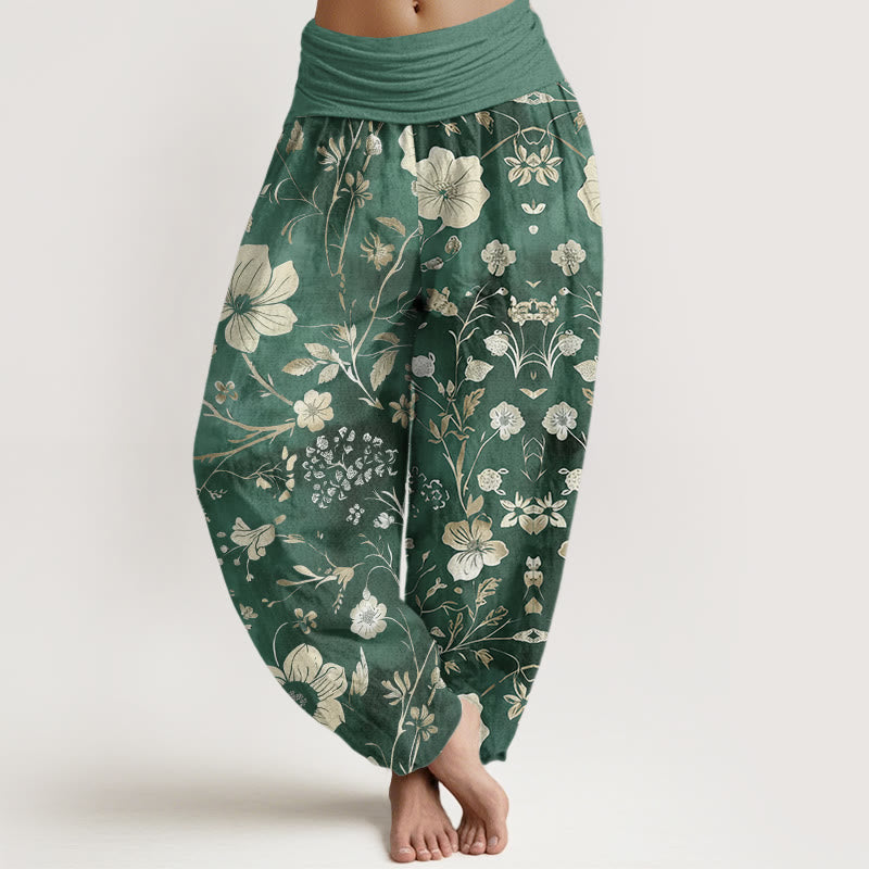Pantaloni harem da donna con elastico in vita, motivo a tralci serpeggianti, motivo a Buddha Stones fiori bianchi - Acquamarina media - US22, UK/AU26, EU54 (6XL) - image 0