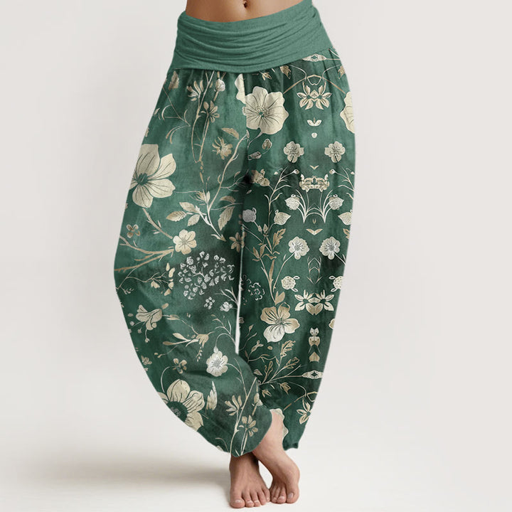 Pantaloni harem da donna con elastico in vita, motivo a tralci serpeggianti, motivo a Buddha Stones fiori bianchi - Acquamarina media - US22, UK/AU26, EU54 (6XL) - image 0