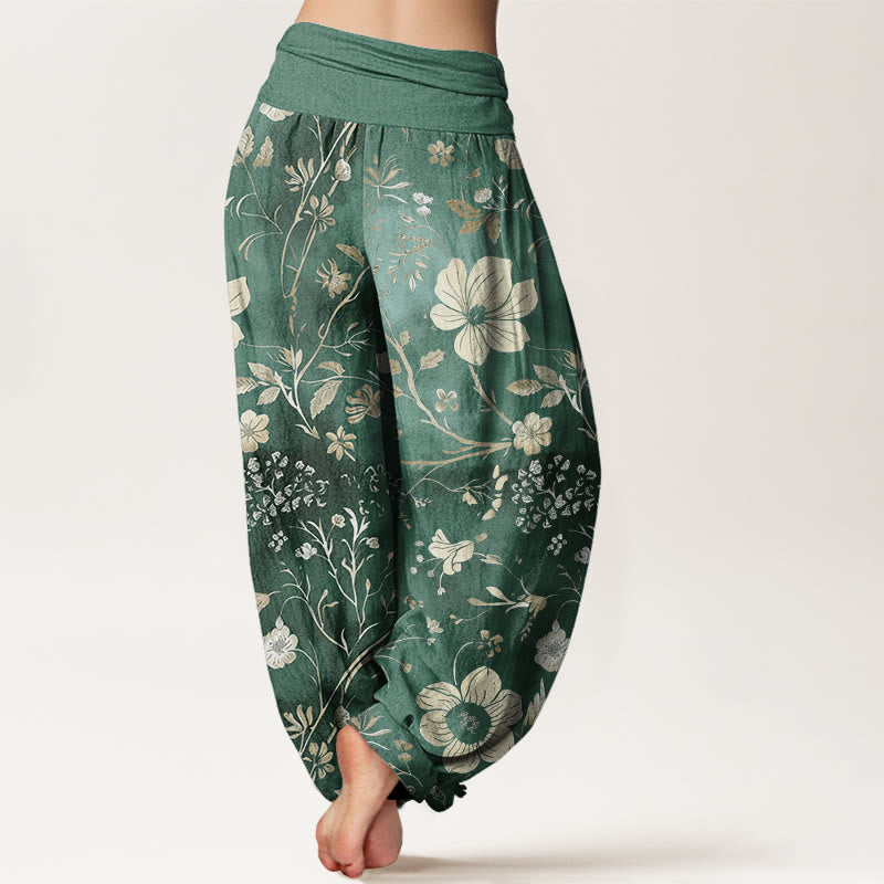 Pantaloni harem da donna con elastico in vita, motivo a tralci serpeggianti, motivo a Buddha Stones fiori bianchi - image 1