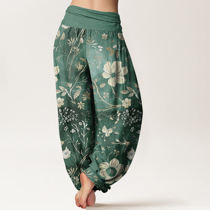 Pantaloni harem da donna con elastico in vita, motivo a tralci serpeggianti, motivo a Buddha Stones fiori bianchi - image 1