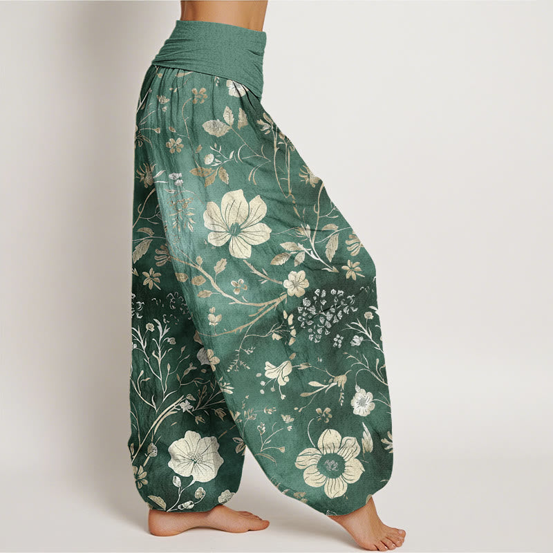 Pantaloni harem da donna con elastico in vita, motivo a tralci serpeggianti, motivo a Buddha Stones fiori bianchi - image 3