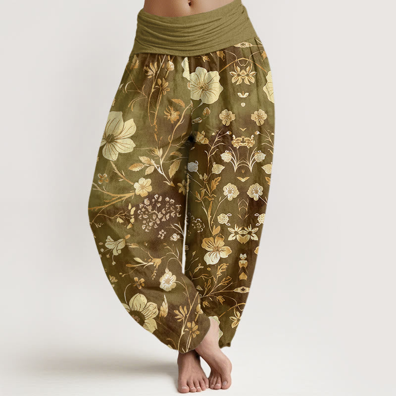 Pantaloni harem da donna con elastico in vita, motivo a tralci serpeggianti, motivo a Buddha Stones fiori bianchi - DarkKhaki - US22, UK/AU26, EU54 (6XL) - image 4