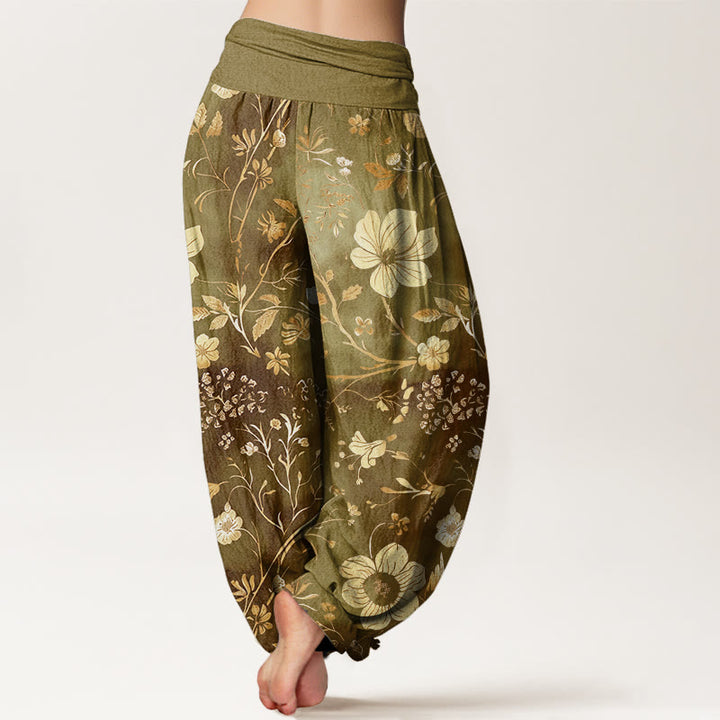 Pantaloni harem da donna con elastico in vita, motivo a tralci serpeggianti, motivo a Buddha Stones fiori bianchi - image 6