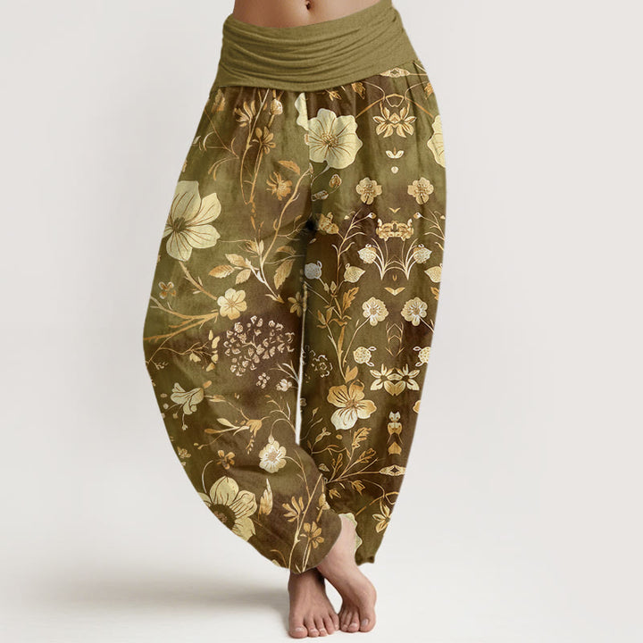 Pantaloni harem da donna con elastico in vita, in cotone, con motivo a fiori bianchi e pietre Buddha Stones - DarkKhaki - US22, UK/AU26, EU54 (6XL) - image 4