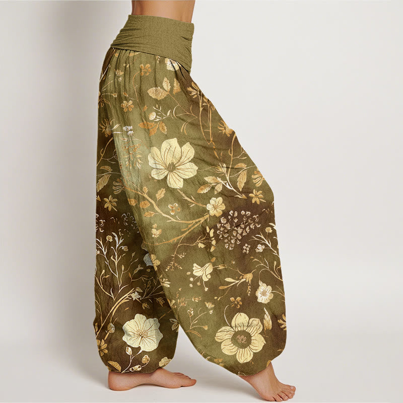 Pantaloni harem da donna con elastico in vita, motivo a tralci serpeggianti, motivo a Buddha Stones fiori bianchi - image 7