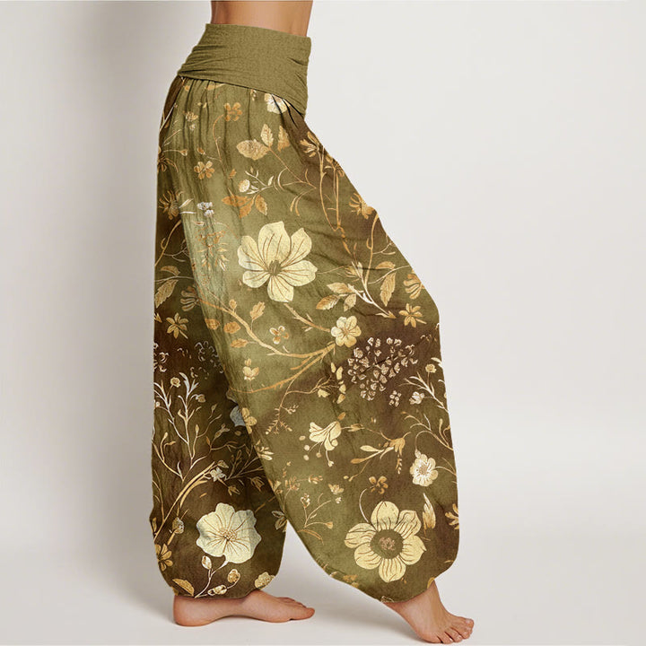 Pantaloni harem da donna con elastico in vita, motivo a tralci serpeggianti, motivo a Buddha Stones fiori bianchi - image 7