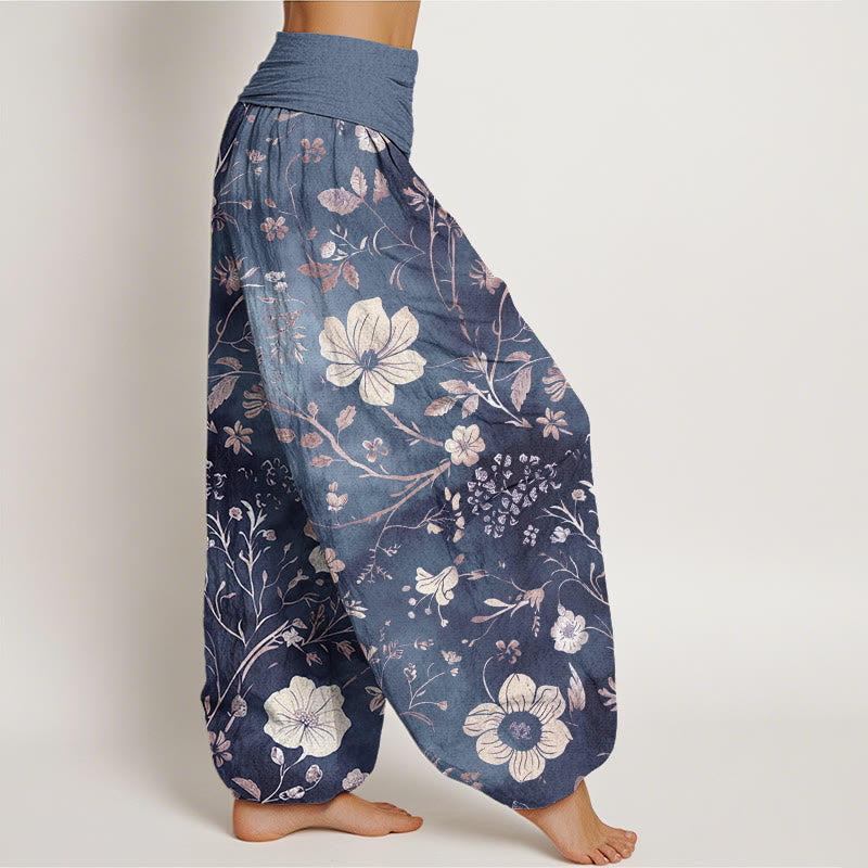 Pantaloni harem da donna con elastico in vita, motivo a tralci serpeggianti, motivo a Buddha Stones fiori bianchi - image 9