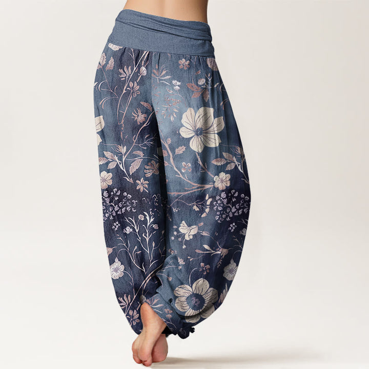 Pantaloni harem da donna con elastico in vita, motivo a tralci serpeggianti, motivo a Buddha Stones fiori bianchi - image 9