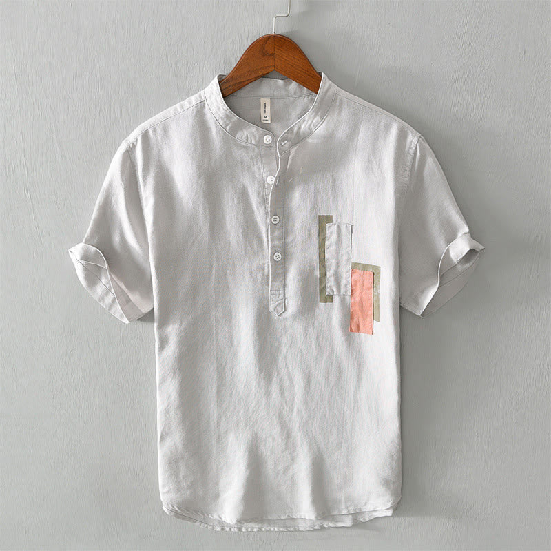 Camicia da uomo in cotone e lino a maniche corte con toppa semplice e design abbinato ai colori, motivo Buddha Stones Daily - Gainsboro - US/UK/AU42, EU52 (3XL) - image 0