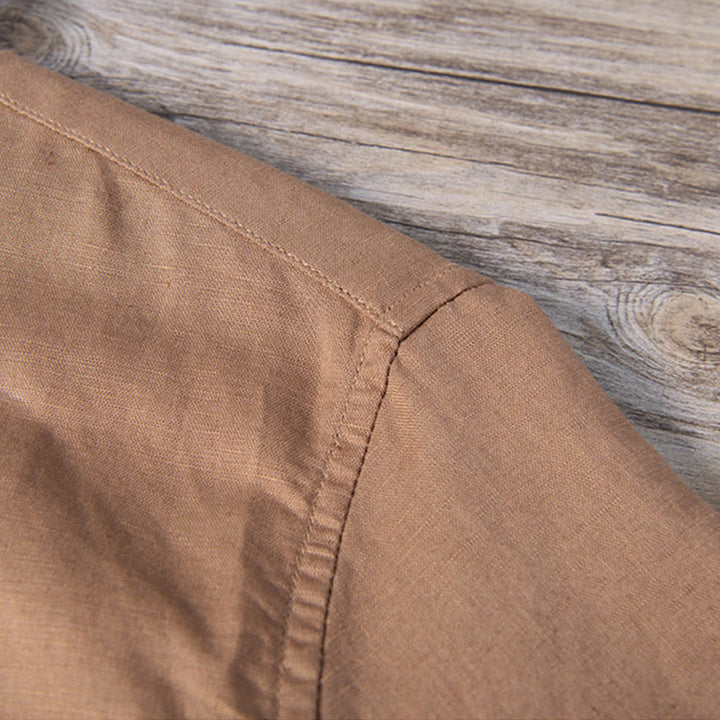 Camicia da uomo in cotone e lino a maniche corte con toppa semplice e design abbinato ai colori, motivo Buddha Stones Daily - image 14