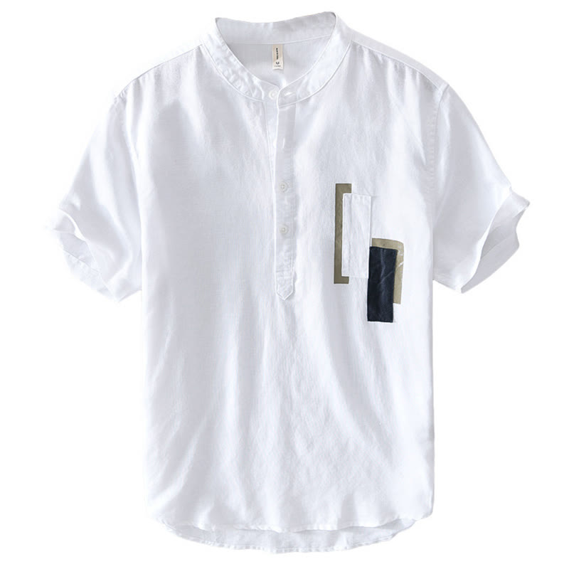 Camicia da uomo in cotone e lino a maniche corte con toppa semplice e design abbinato ai colori, motivo Buddha Stones Daily - image 3