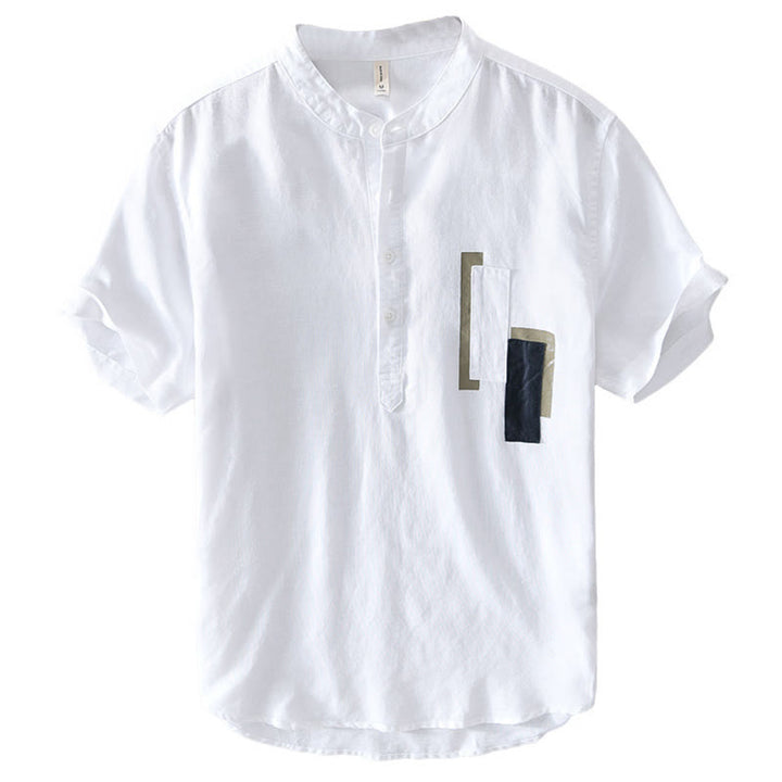 Camicia da uomo in cotone e lino a maniche corte con toppa semplice e design abbinato ai colori, motivo Buddha Stones Daily - image 3