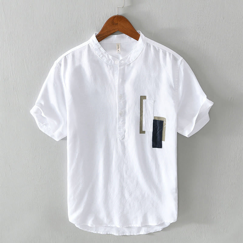 Camicia da uomo in cotone e lino a maniche corte con toppa semplice e design abbinato ai colori, motivo Buddha Stones Daily - Bianco - US/UK/AU42, EU52 (3XL) - image 1