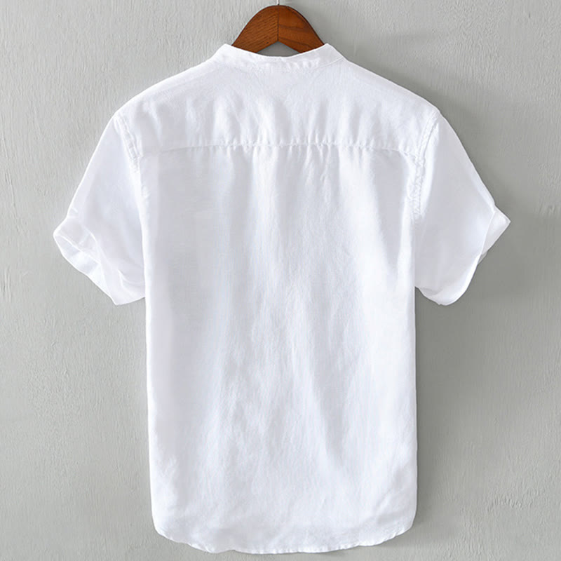Camicia da uomo in cotone e lino a maniche corte con toppa semplice e design abbinato ai colori, motivo Buddha Stones Daily - image 2