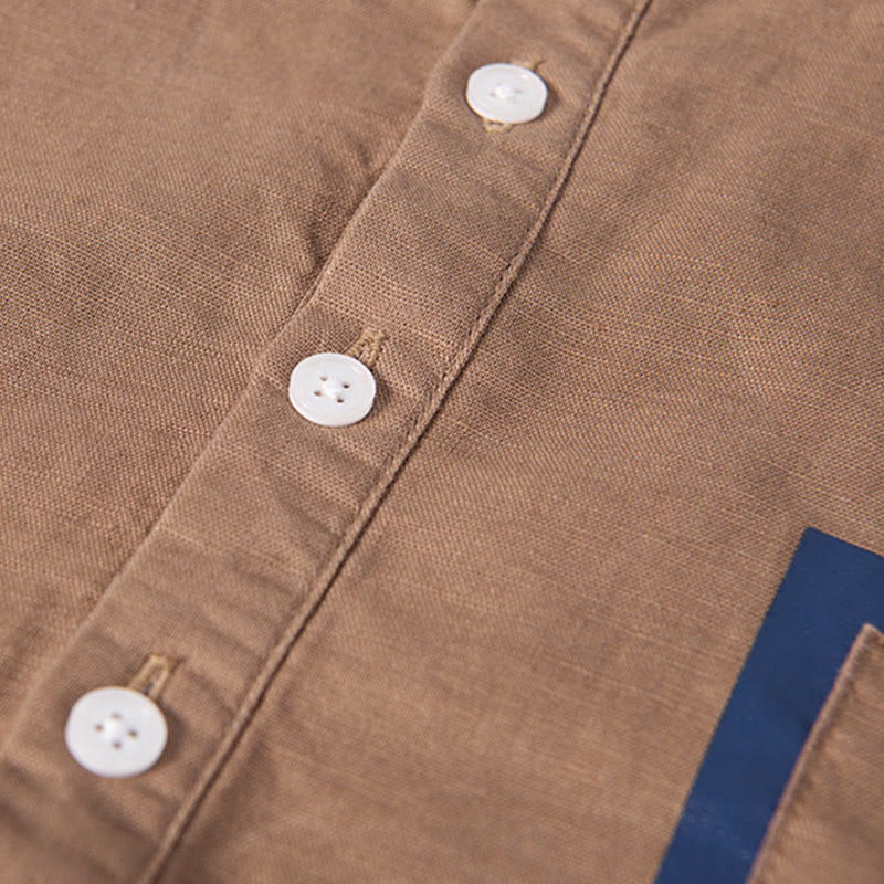 Camicia da uomo in cotone e lino a maniche corte con toppa semplice e design abbinato ai colori, motivo Buddha Stones Daily - image 13