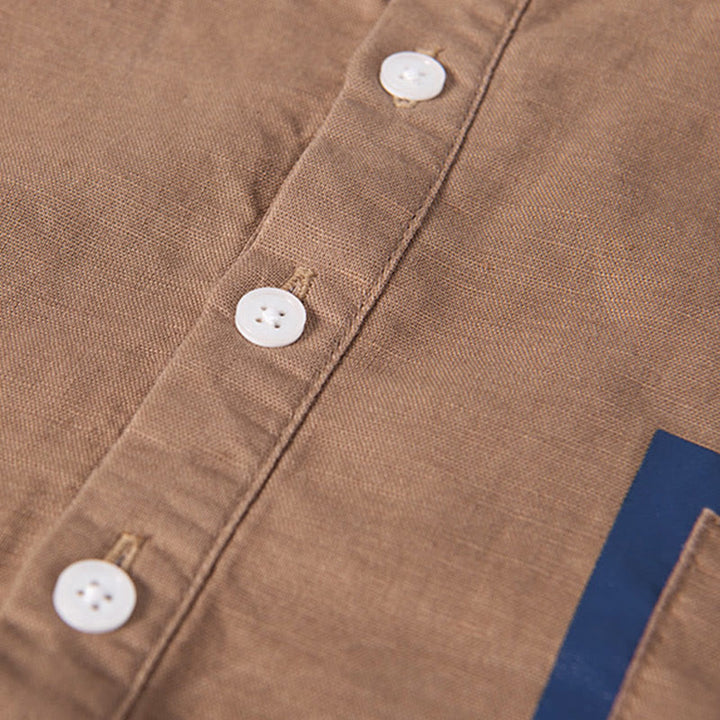 Camicia da uomo in cotone e lino a maniche corte con toppa semplice e design abbinato ai colori, motivo Buddha Stones Daily - image 13
