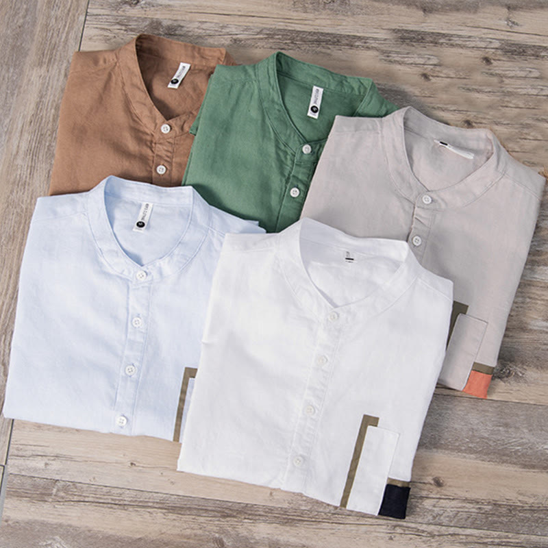 Camicia da uomo in cotone e lino a maniche corte con toppa semplice e design abbinato ai colori, motivo Buddha Stones Daily - image 17