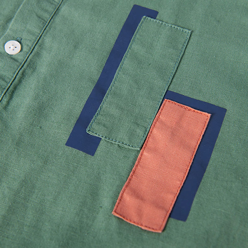 Camicia da uomo in cotone e lino a maniche corte con toppa semplice e design abbinato ai colori, motivo Buddha Stones Daily - image 6