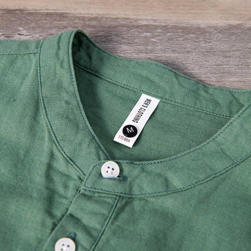 Camicia da uomo in cotone e lino a maniche corte con toppa semplice e design abbinato ai colori, motivo Buddha Stones Daily - image 5
