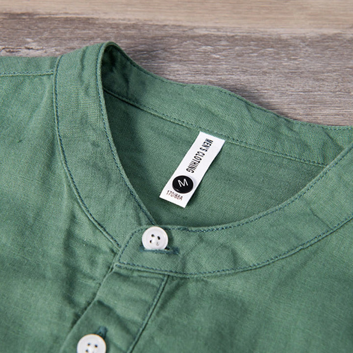 Camicia da uomo in cotone e lino a maniche corte con toppa semplice e design abbinato ai colori, motivo Buddha Stones Daily - image 5