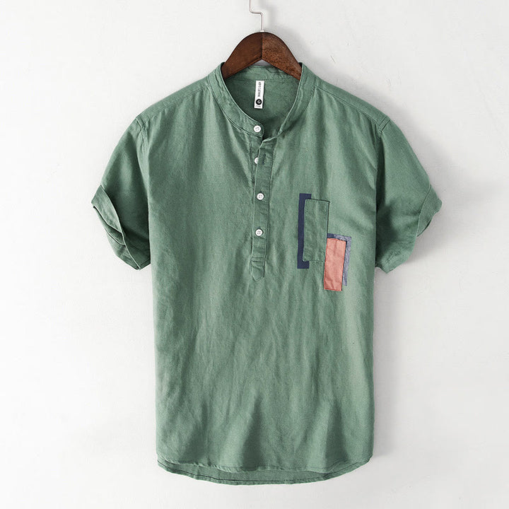 Camicia da uomo in cotone e lino a maniche corte con toppa semplice e design abbinato ai colori, motivo Buddha Stones Daily - Verde Mare Medio - US/UK/AU42, EU52 (3XL) - image 4