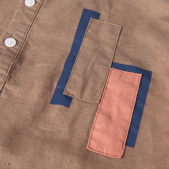 Camicia da uomo in cotone e lino a maniche corte con toppa semplice e design abbinato ai colori, motivo Buddha Stones Daily - image 12