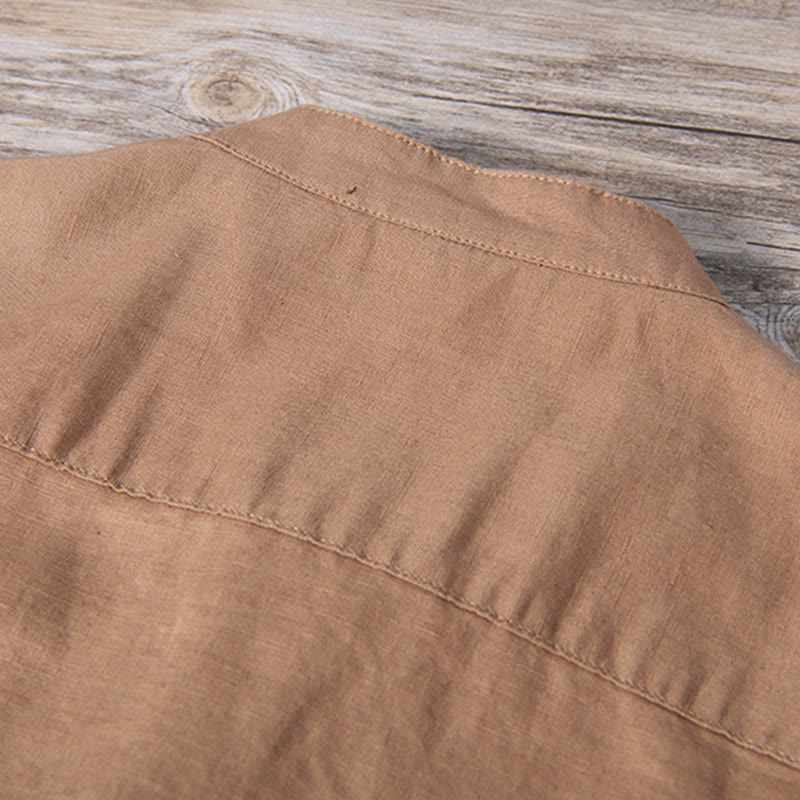 Camicia da uomo in cotone e lino a maniche corte con toppa semplice e design abbinato ai colori, motivo Buddha Stones Daily - image 11
